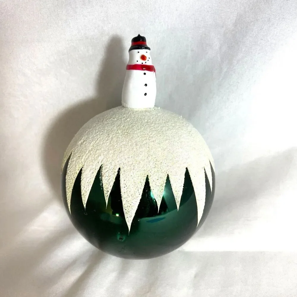 #8280 HAND PAINTED LARGE GLASS CHRISTMAS ORNAMENT SNOW MAN GREEN 3.25 in
